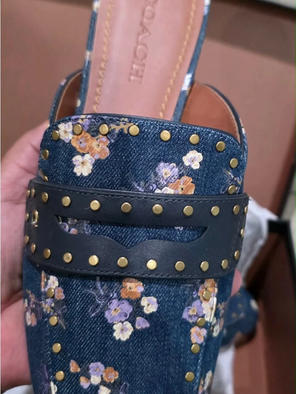 Coach Denim Floral Studded Slip-On Mules in Navy and Tan - Picture 11 of 11